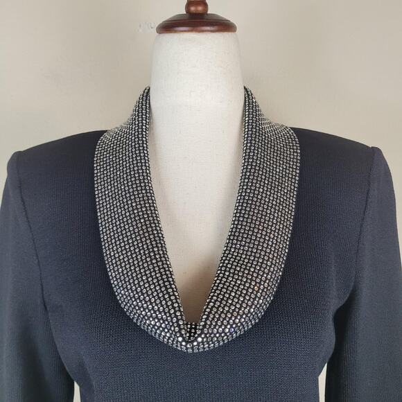 St John Evening Sweater 4 Black Embellished Santana Knit Blouse Top Rhinestones - Picture 2 of 10